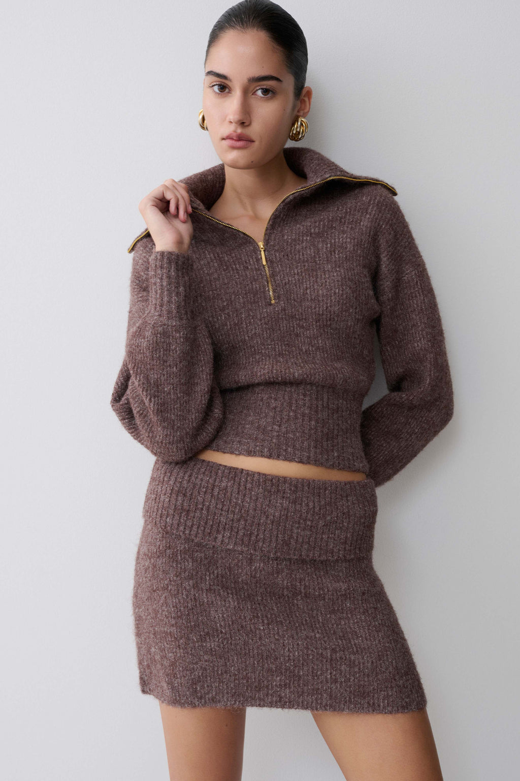 Zip Knit Jumper - Brown Marle