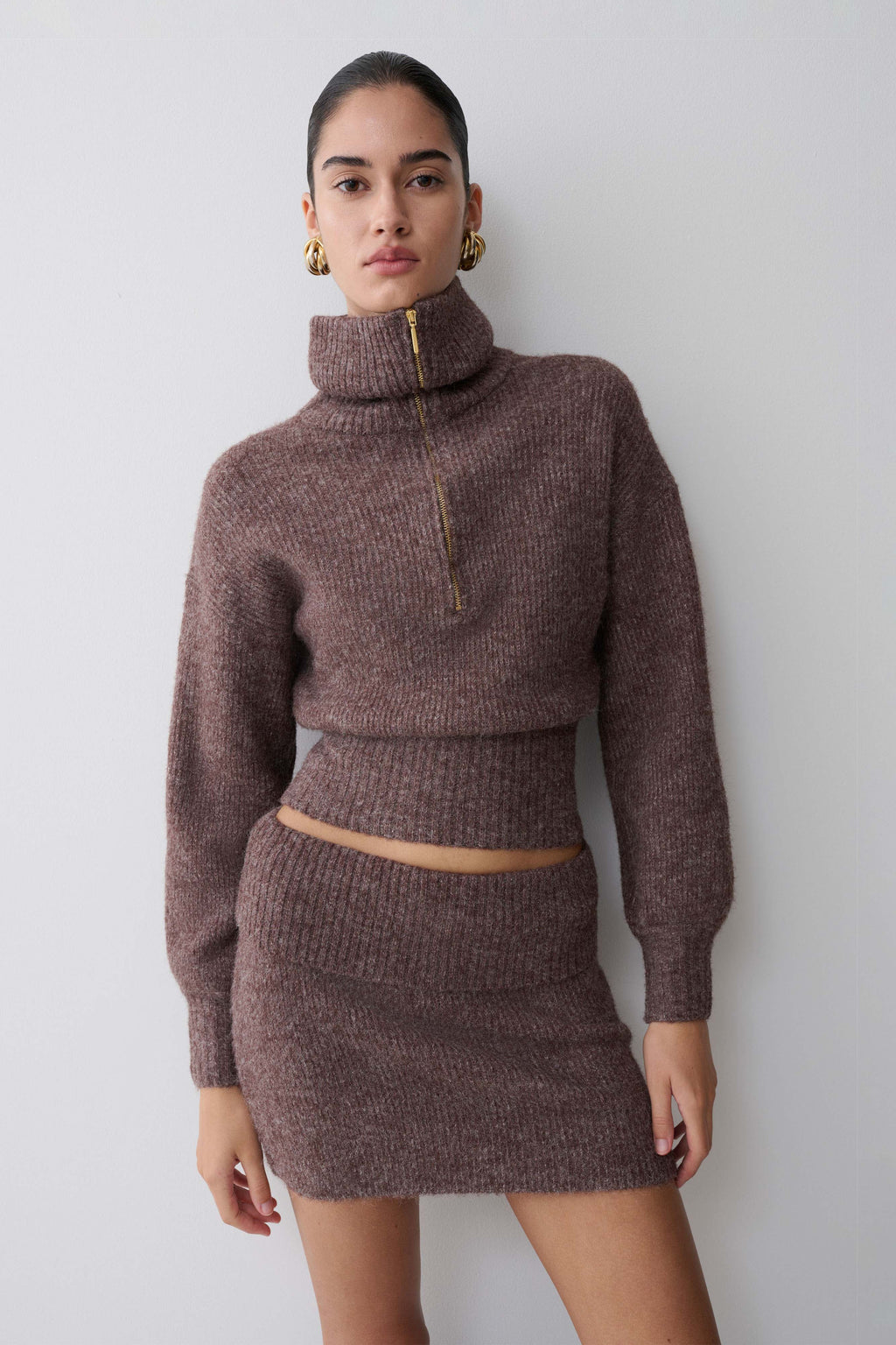 Zip Knit Jumper - Brown Marle