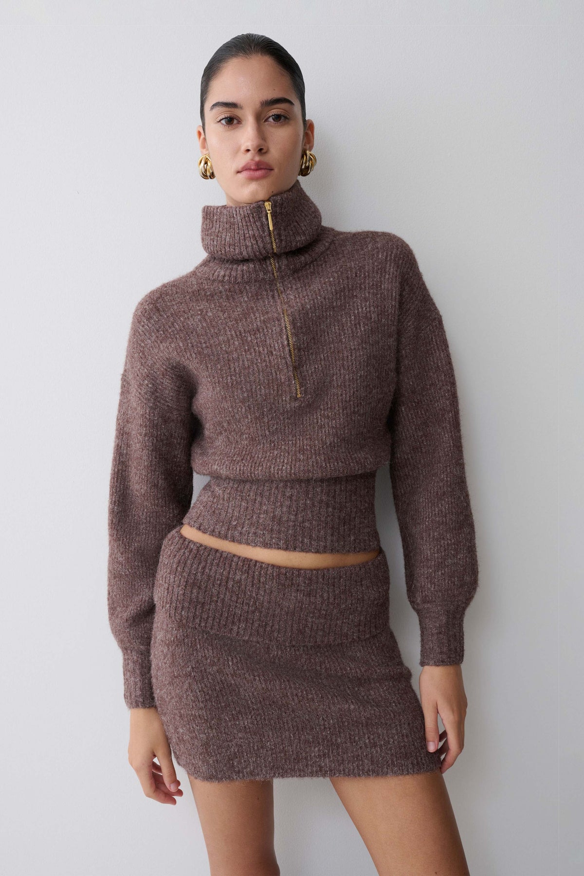 Zip Knit Jumper - Brown Marle