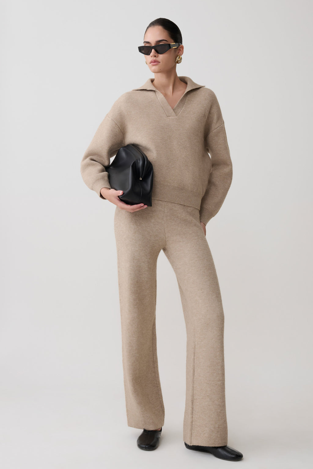 Knit Wide Leg Pants - Beige Marle