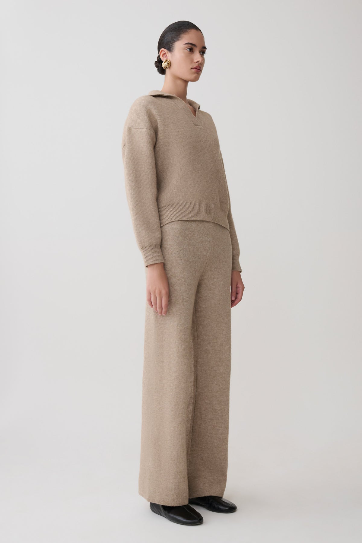 Knit Wide Leg Pants - Beige Marle