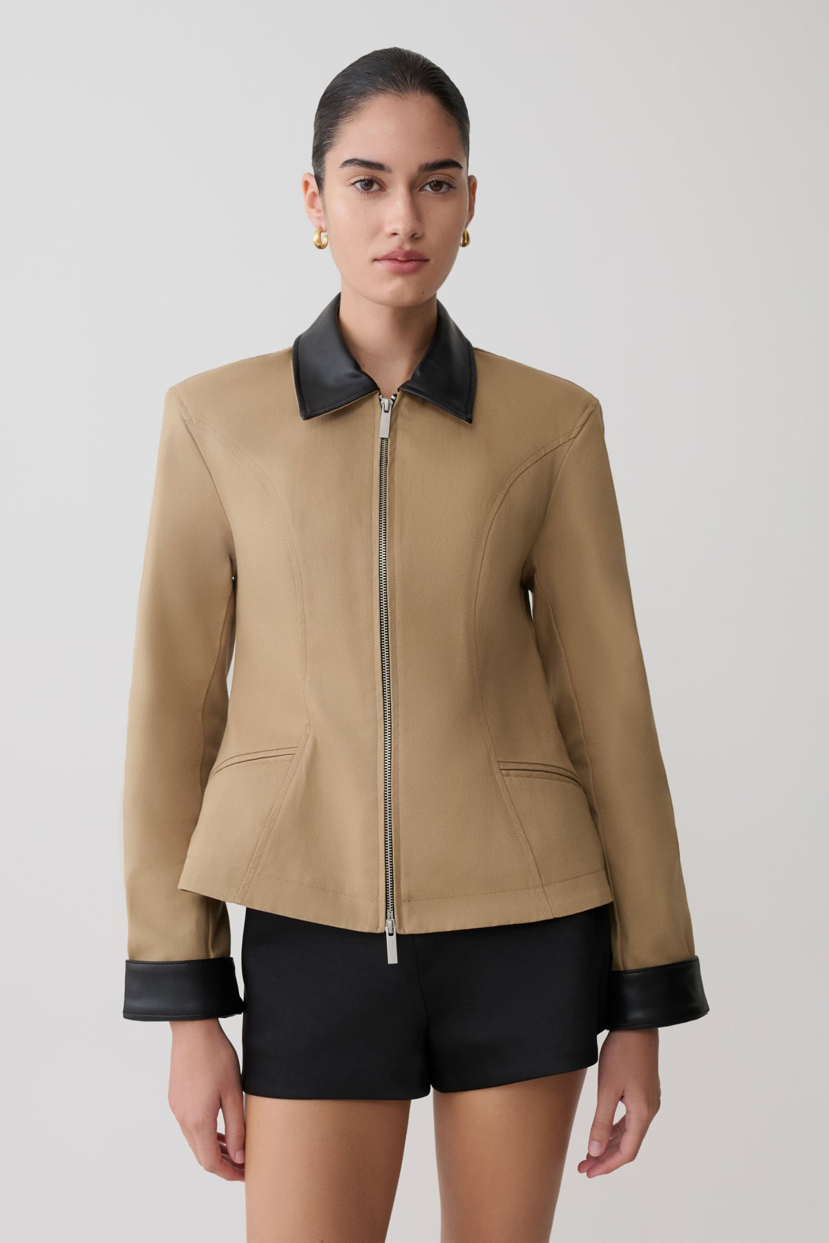Zip Up Collared Jacket - Natural