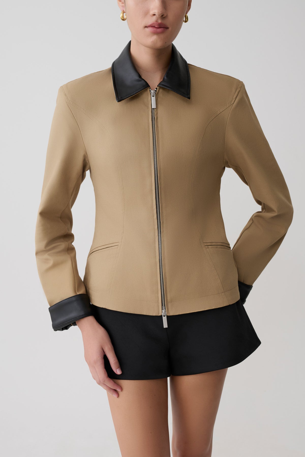 Zip Up Collared Jacket - Natural