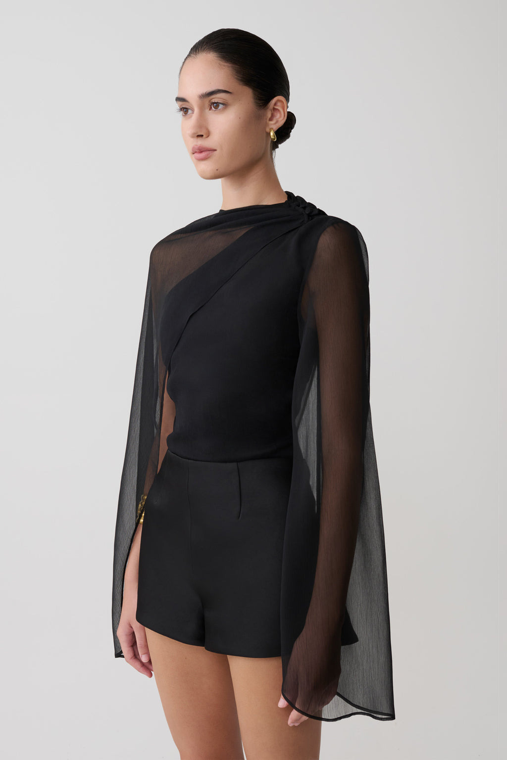 Sheer Asymmetrical Long Sleeve Cape - Black