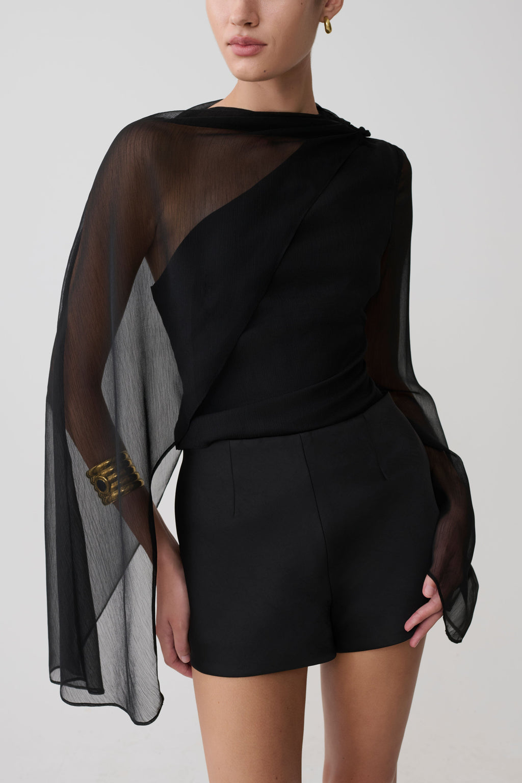 Sheer Asymmetrical Long Sleeve Cape - Black