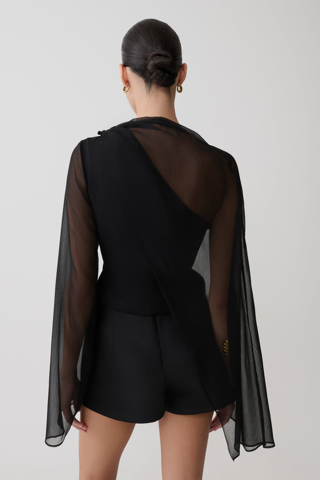 Sheer Asymmetrical Long Sleeve Cape - Black