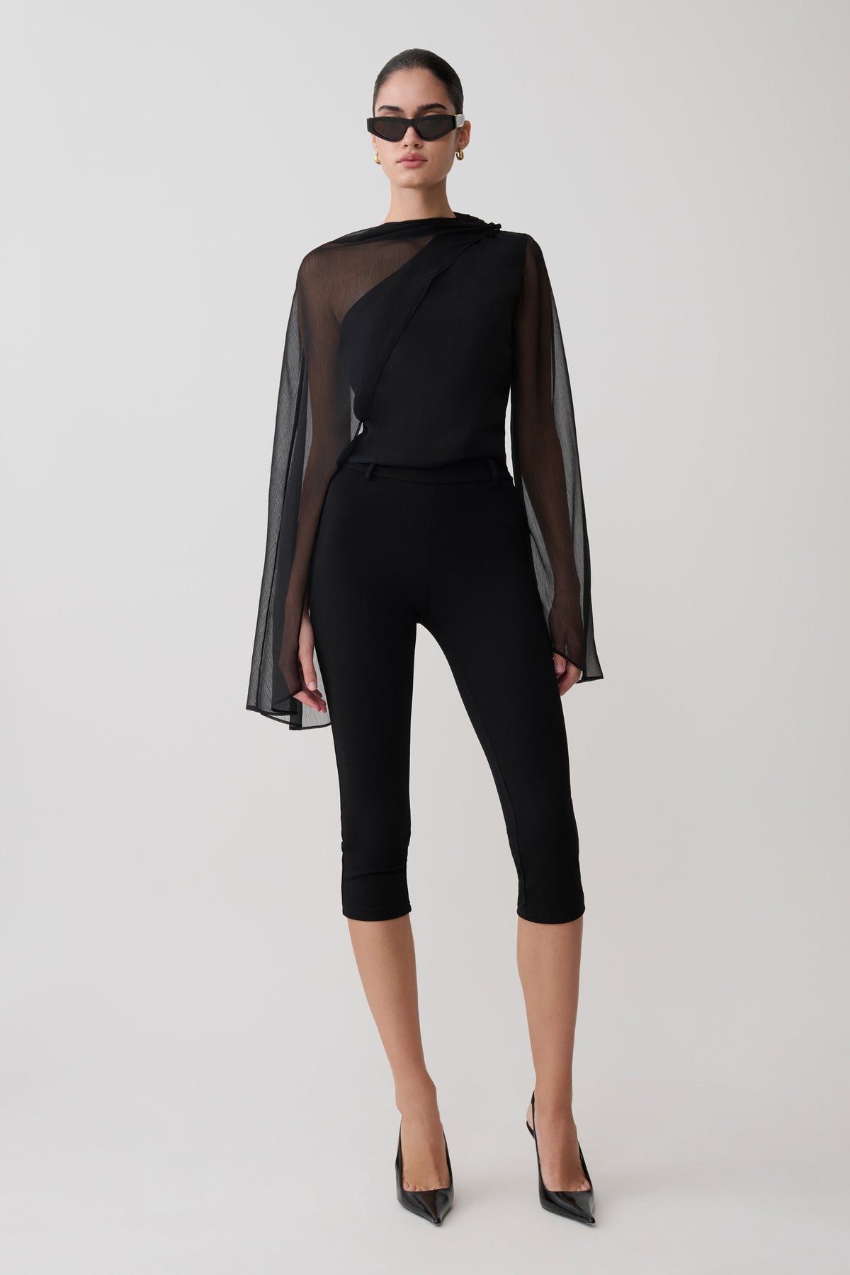 Sheer Asymmetrical Long Sleeve Cape - Black