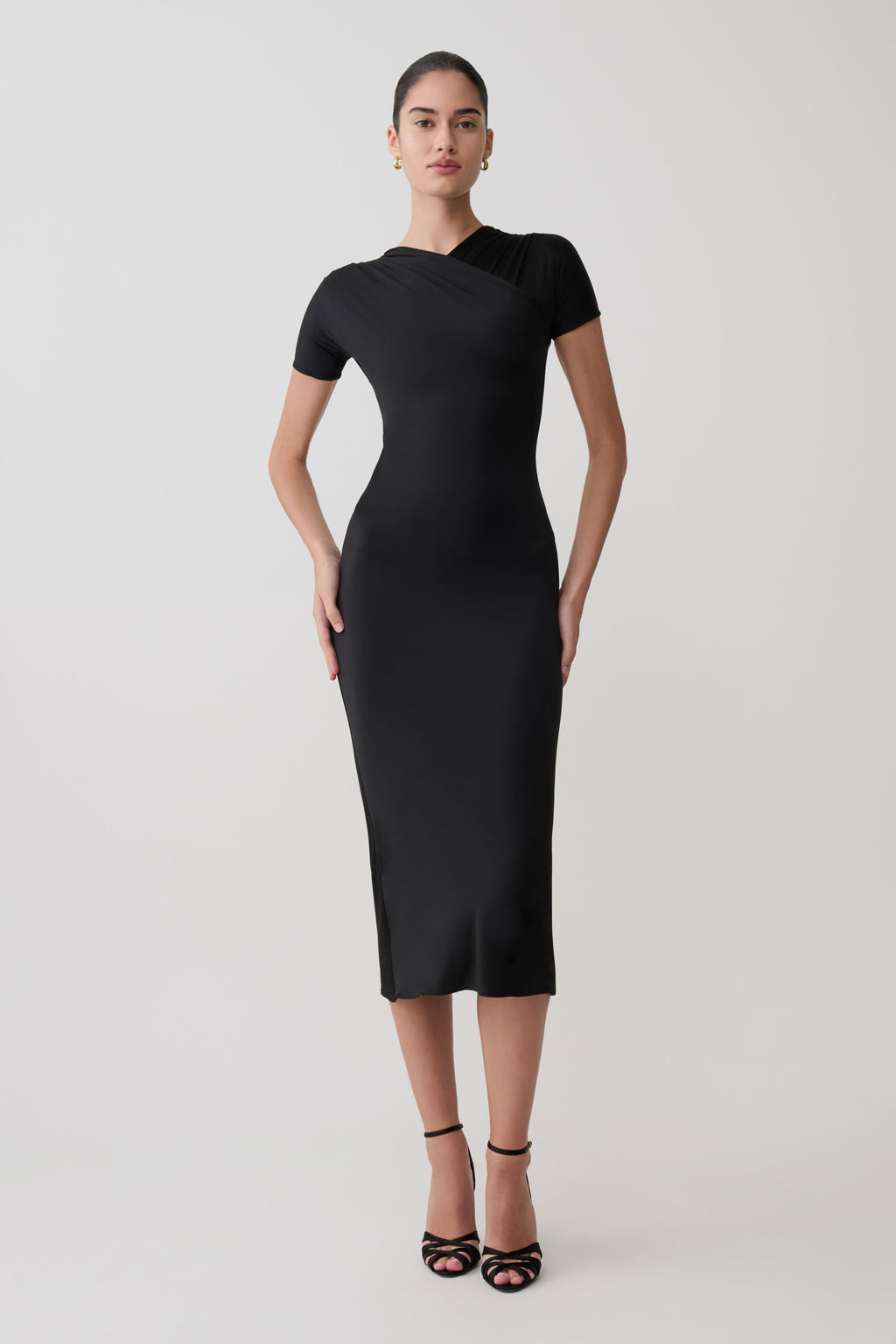 Cross-Over Neck Slinky Maxi Dress - Black