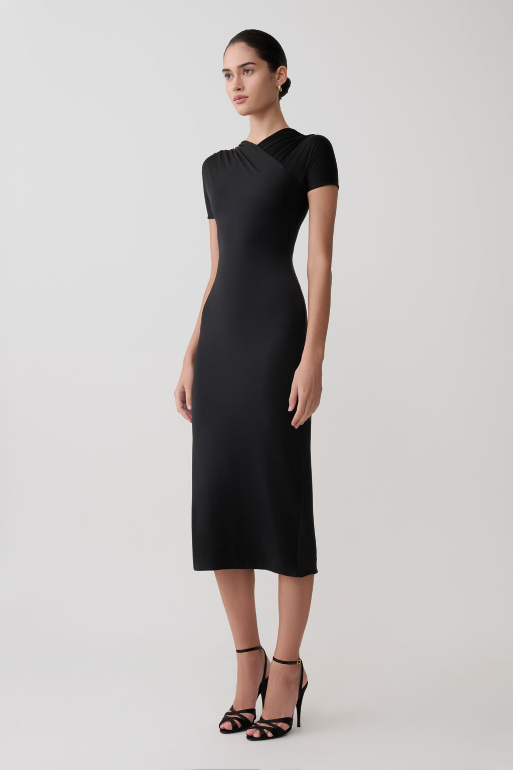 Cross-Over Neck Slinky Maxi Dress - Black