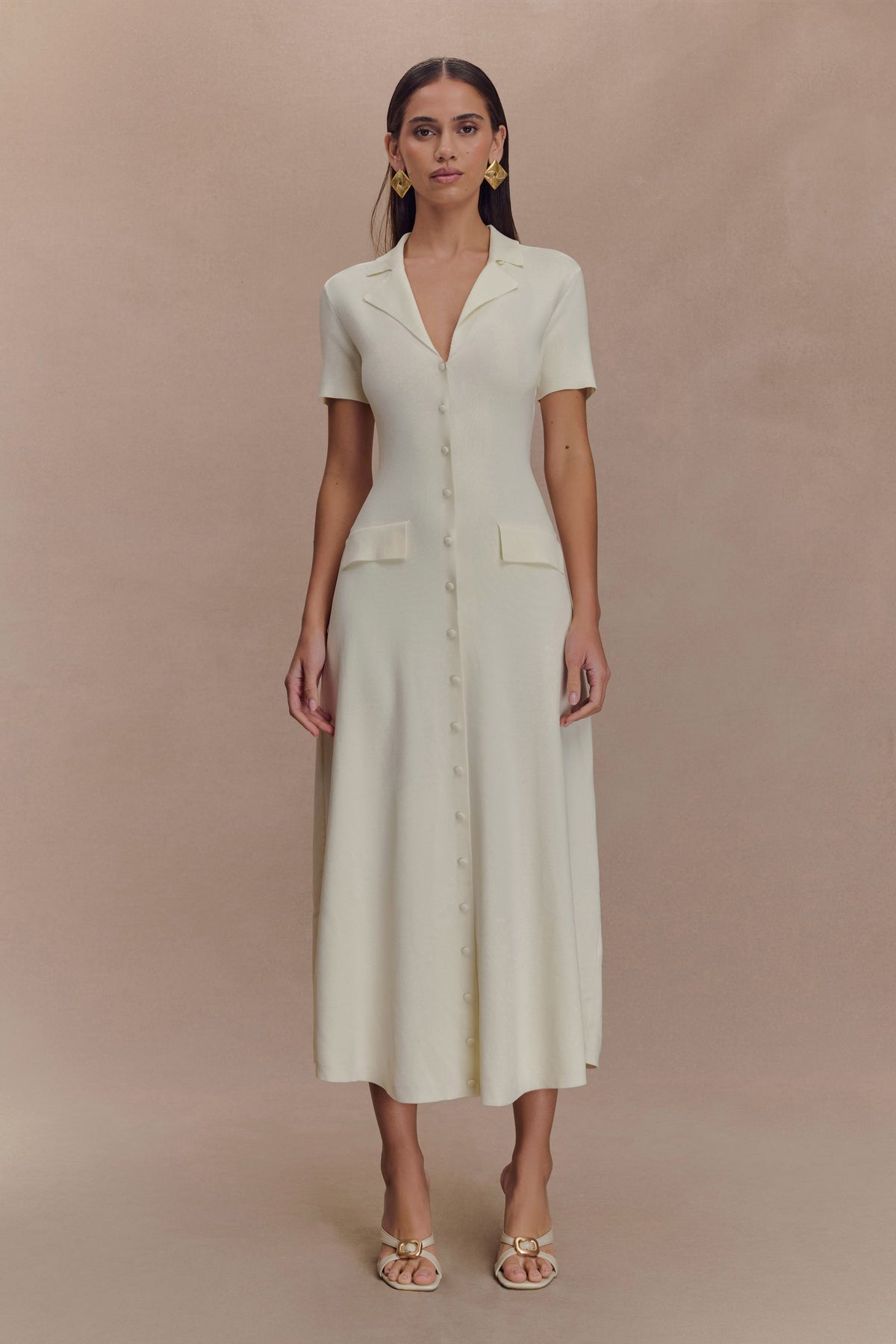 Short Sleeve Knit Midi Dress - Ivory