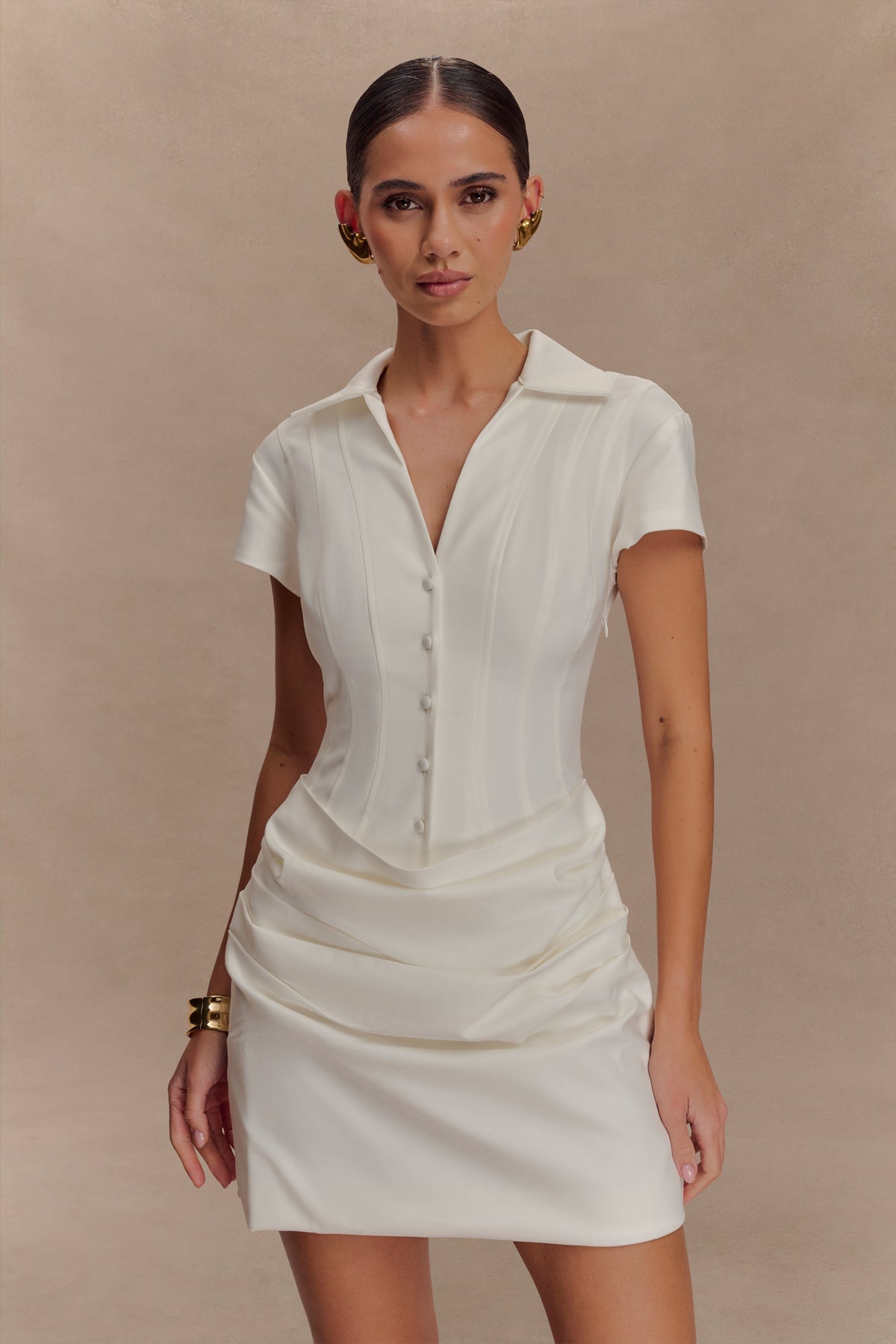 Collared Cotton Mini Dress - White
