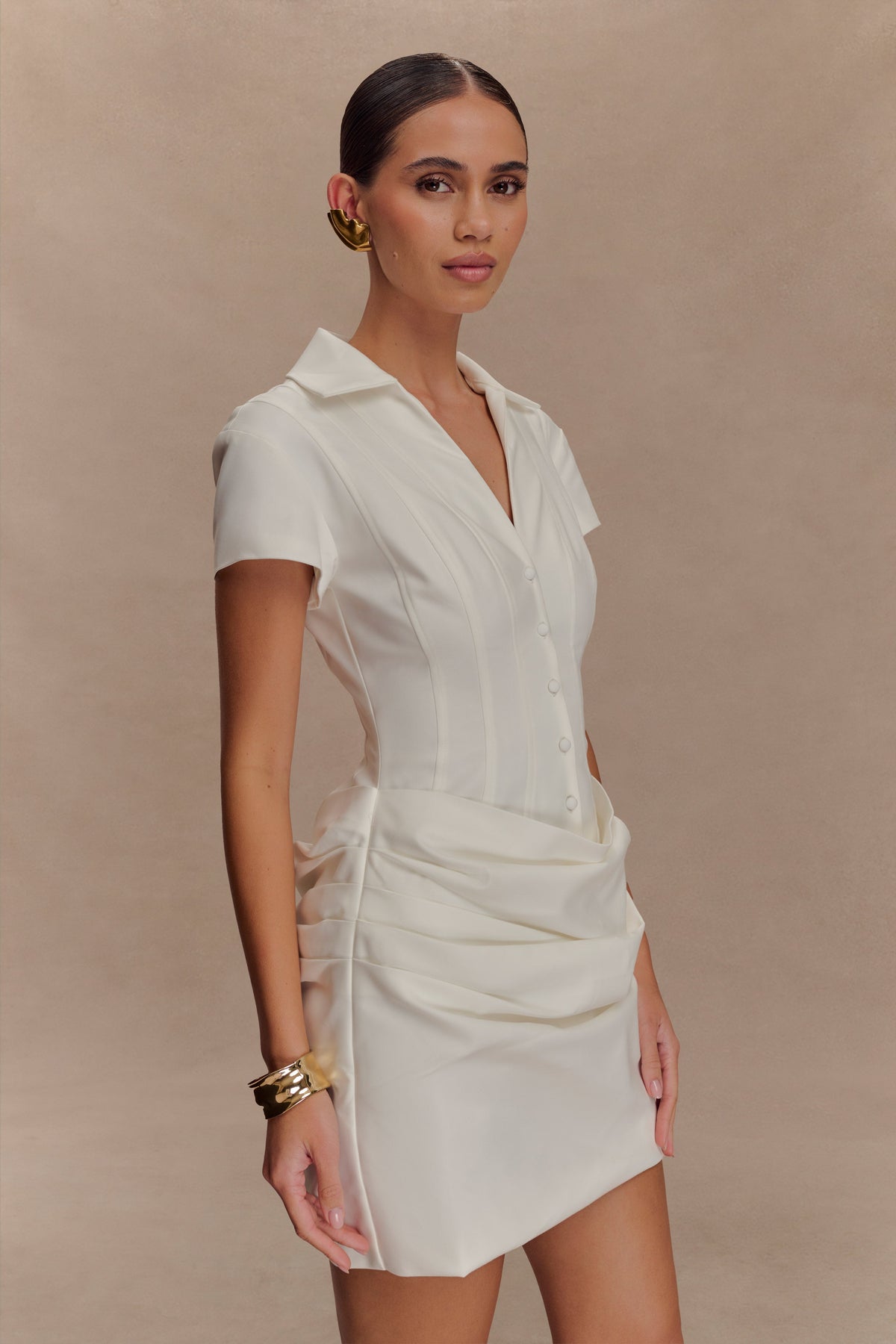 Collared Cotton Mini Dress - White