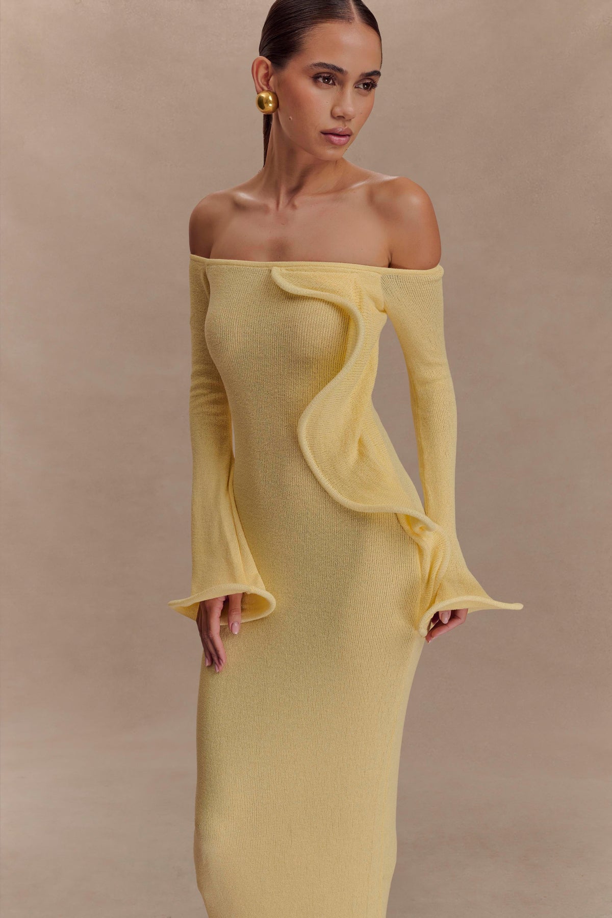 Off Shoulder Knit Maxi Dress - Lemon