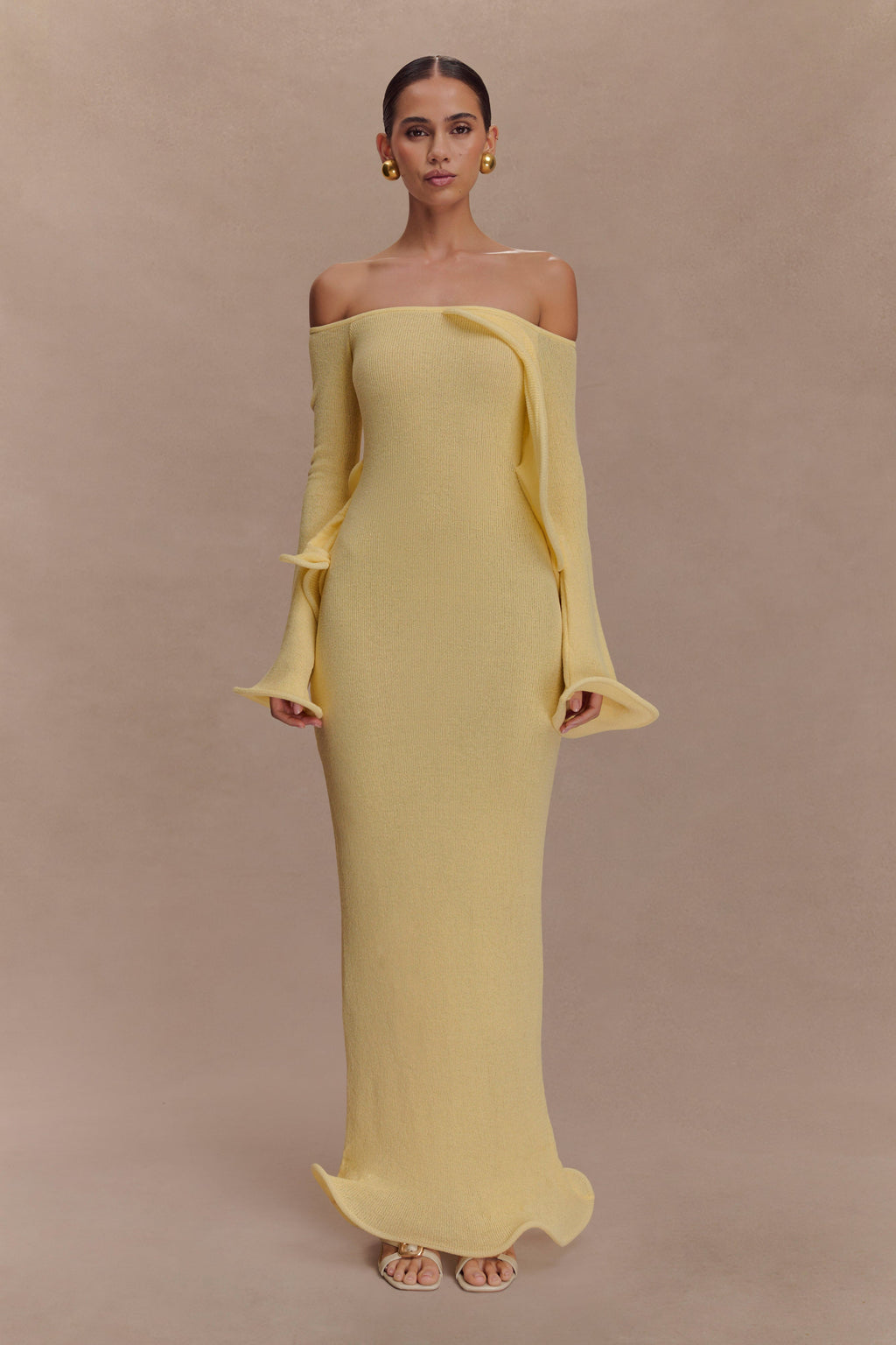 Off Shoulder Knit Maxi Dress - Lemon