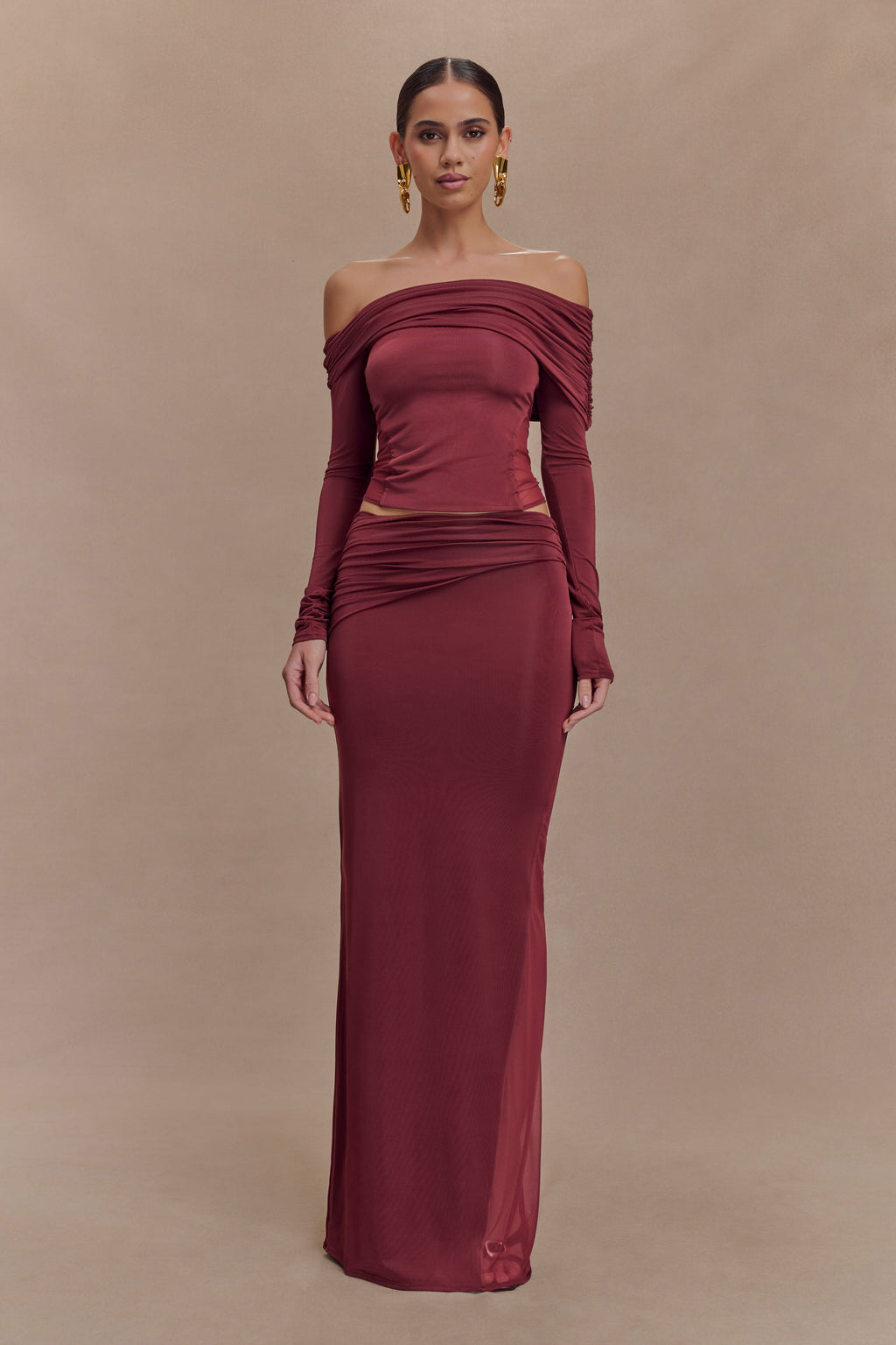 Slinky And Mesh Maxi Skirt - Wine