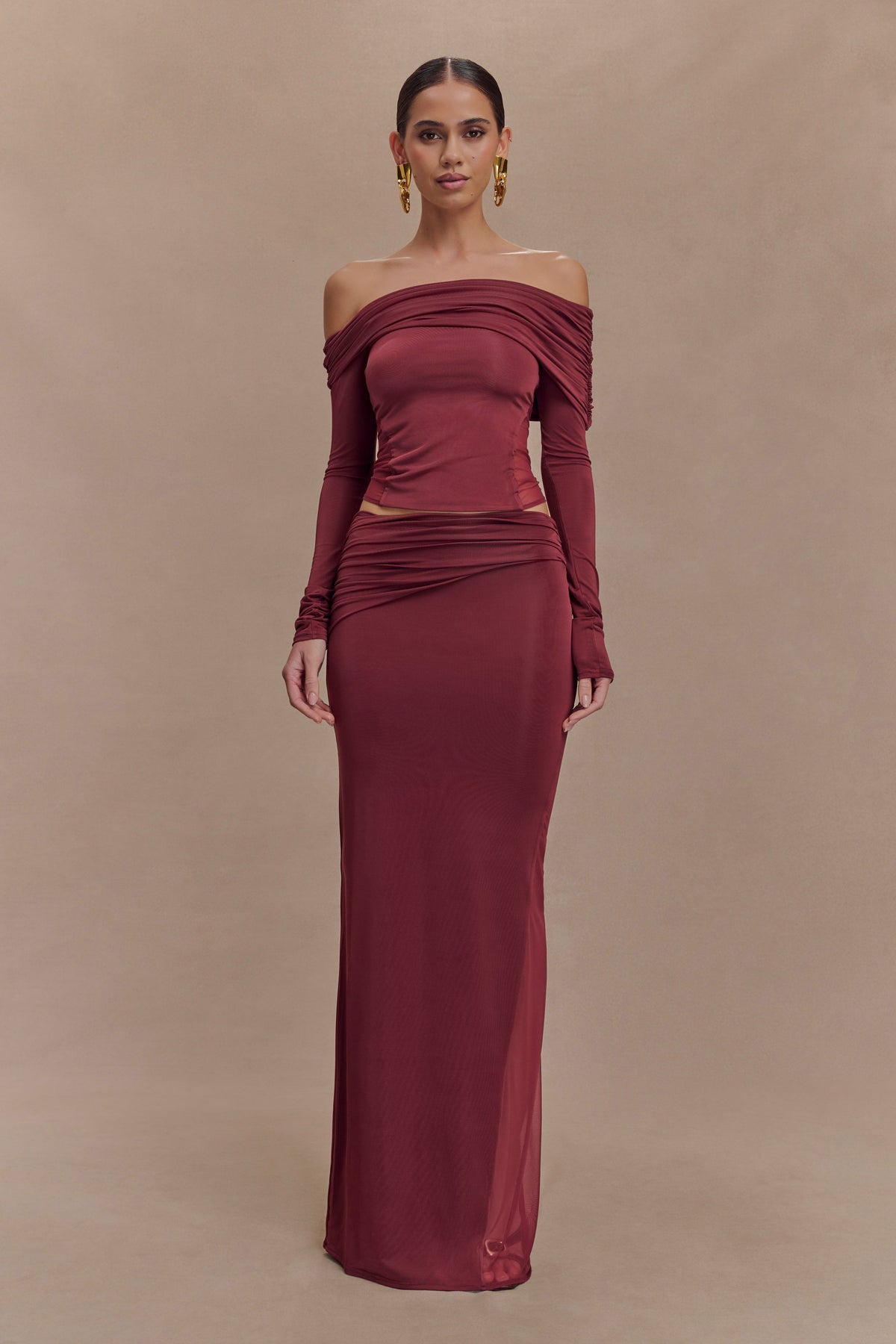 Slinky And Mesh Maxi Skirt - Wine