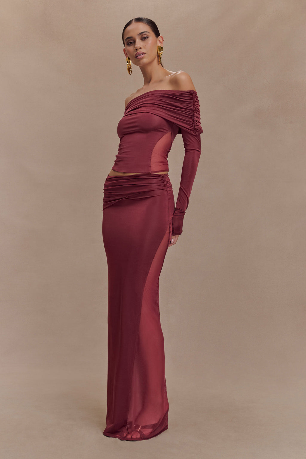 Slinky And Mesh Maxi Skirt - Wine