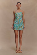 Hand Beaded Mini Dress - Blue Swirl Print