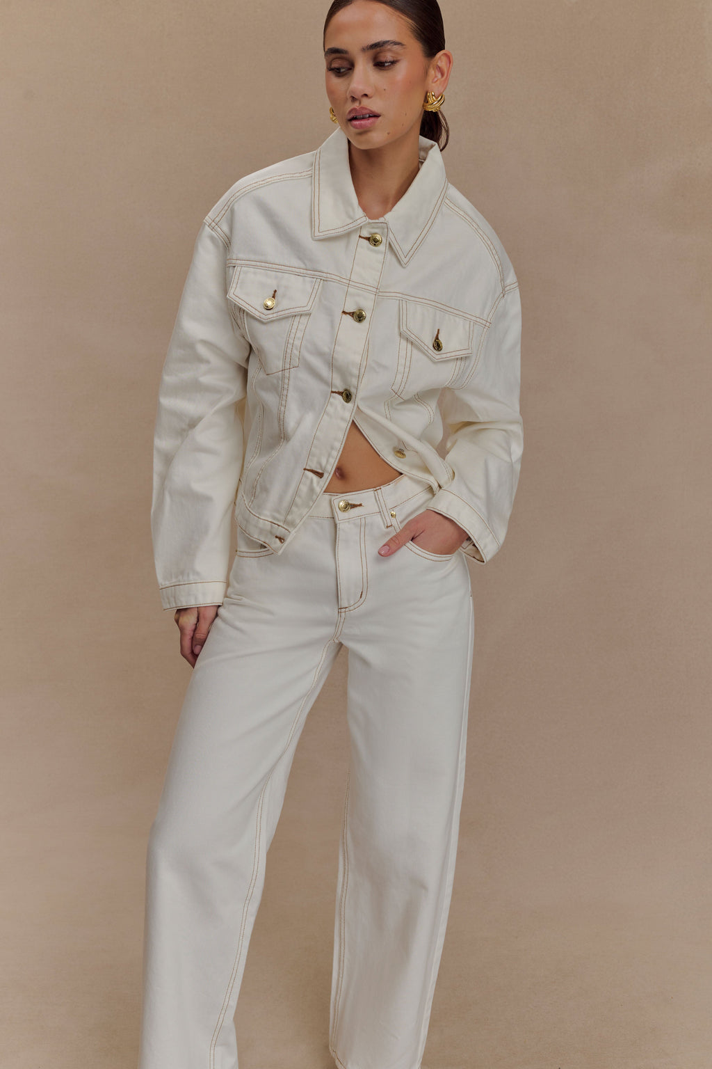 Cinched Denim Jacket - White