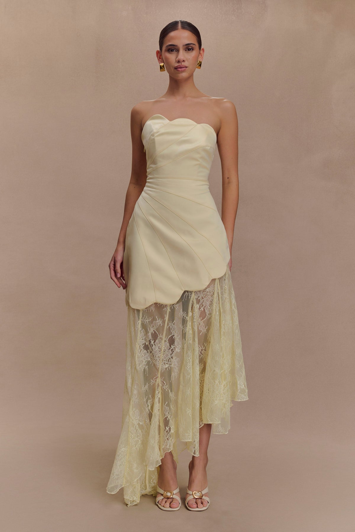 Satin And Lace Maxi Dress - Lemon