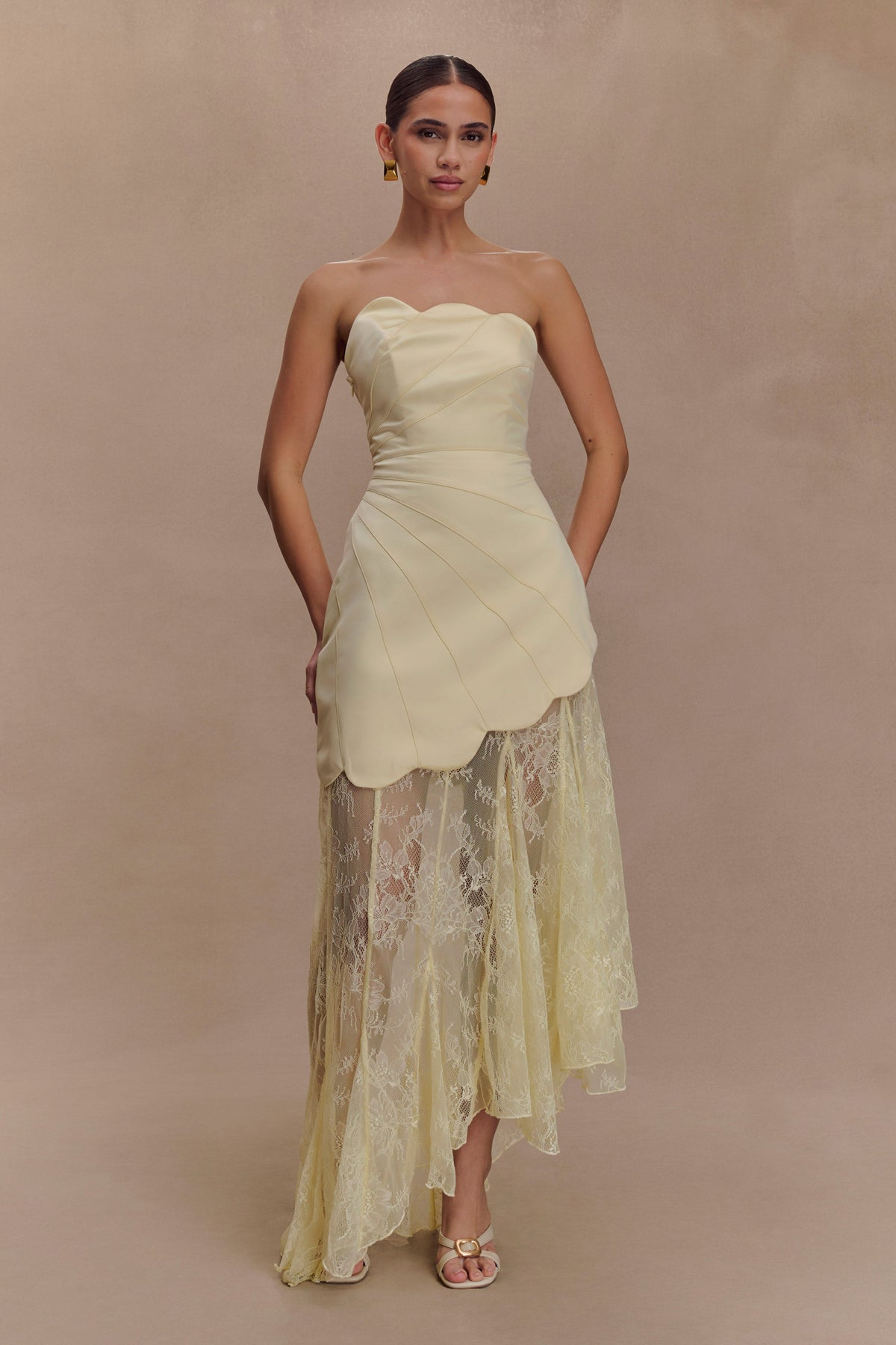 Satin And Lace Maxi Dress - Lemon