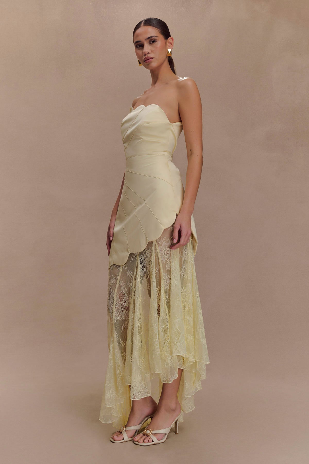 Satin And Lace Maxi Dress - Lemon