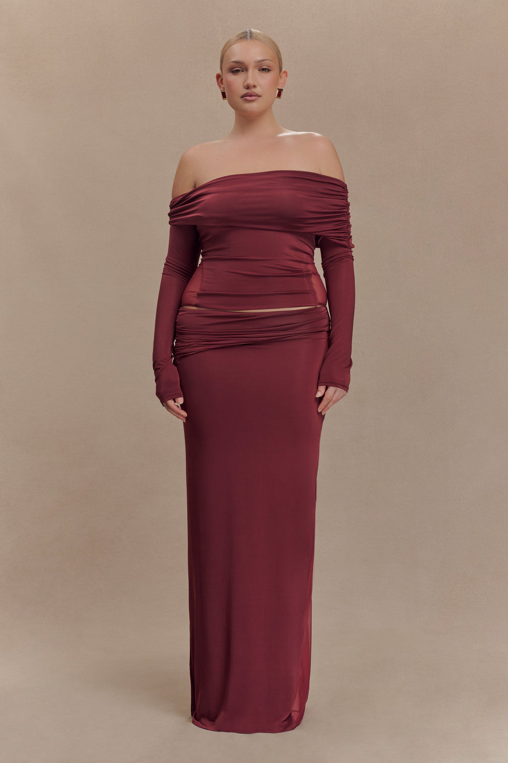 Slinky And Mesh Maxi Skirt - Wine