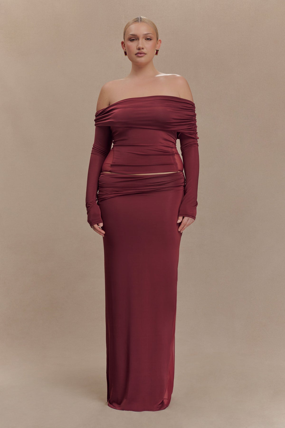 Slinky And Mesh Maxi Skirt - Wine