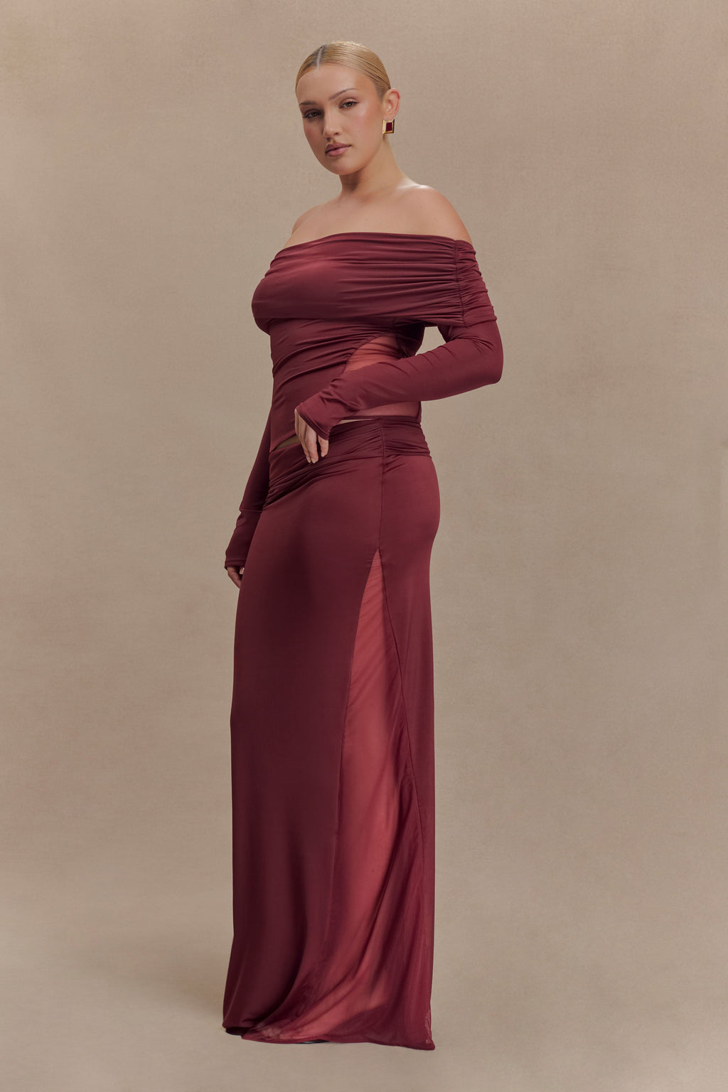 Slinky And Mesh Maxi Skirt - Wine