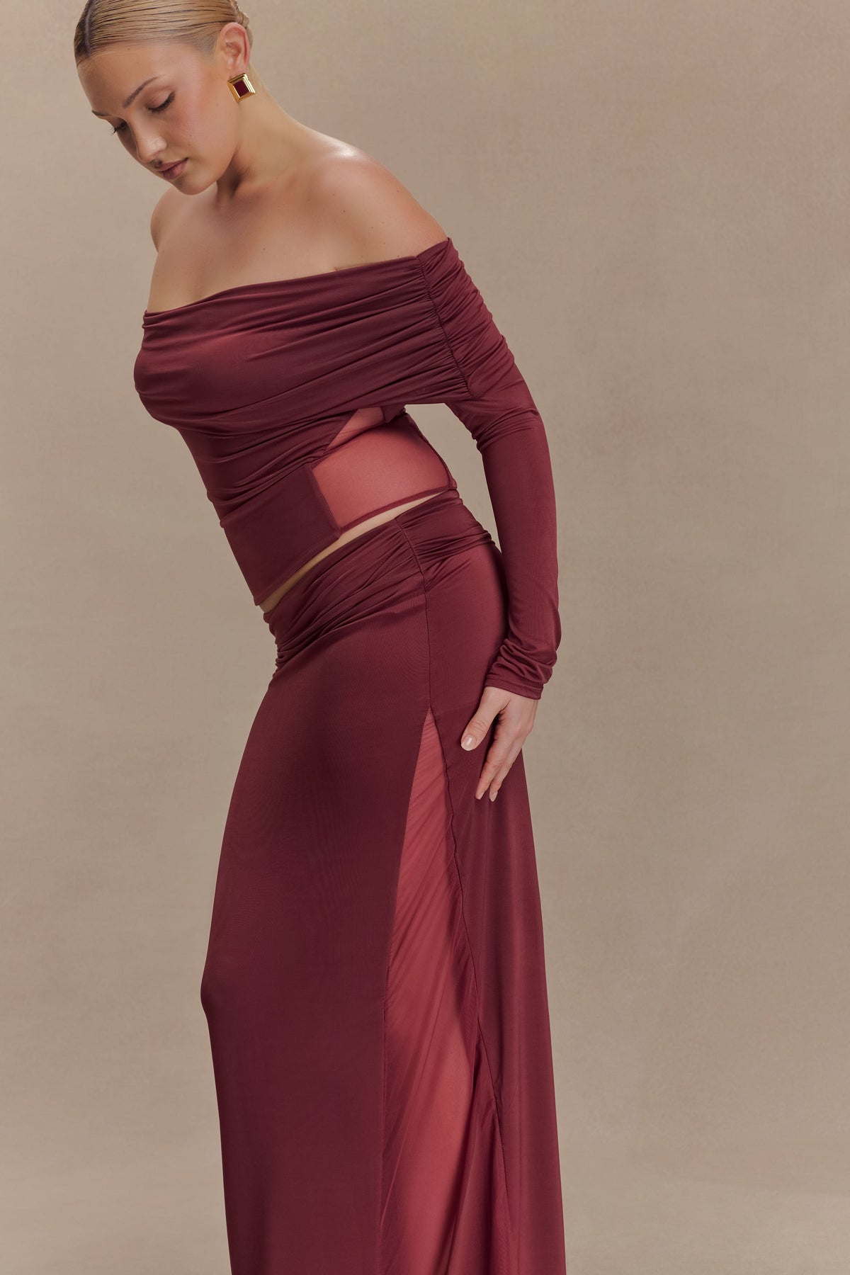 Slinky And Mesh Maxi Skirt - Wine