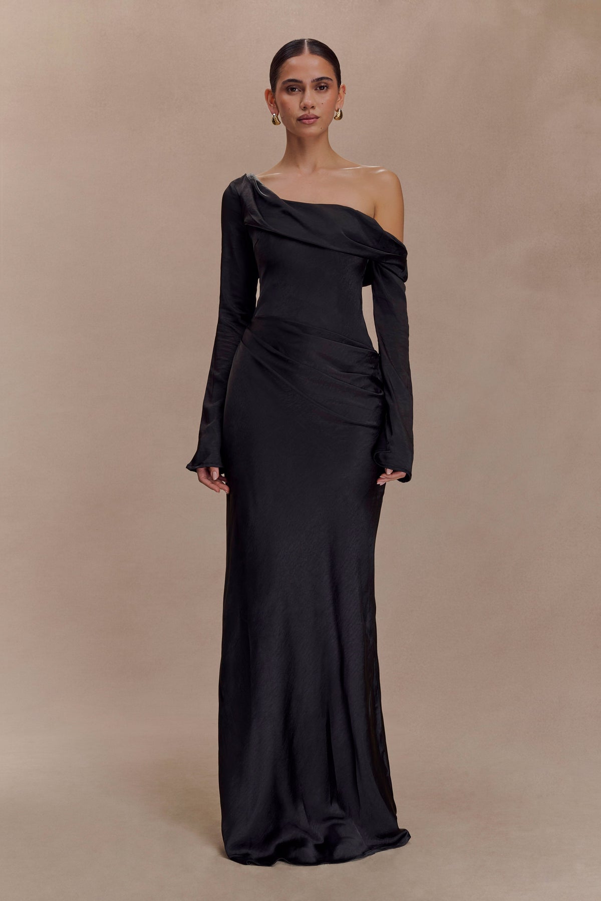Long Sleeve Satin Maxi Dress - Black