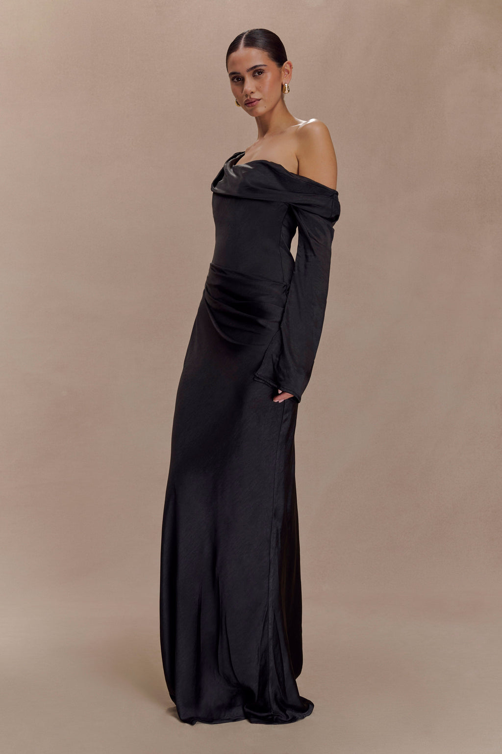 Long Sleeve Satin Maxi Dress - Black
