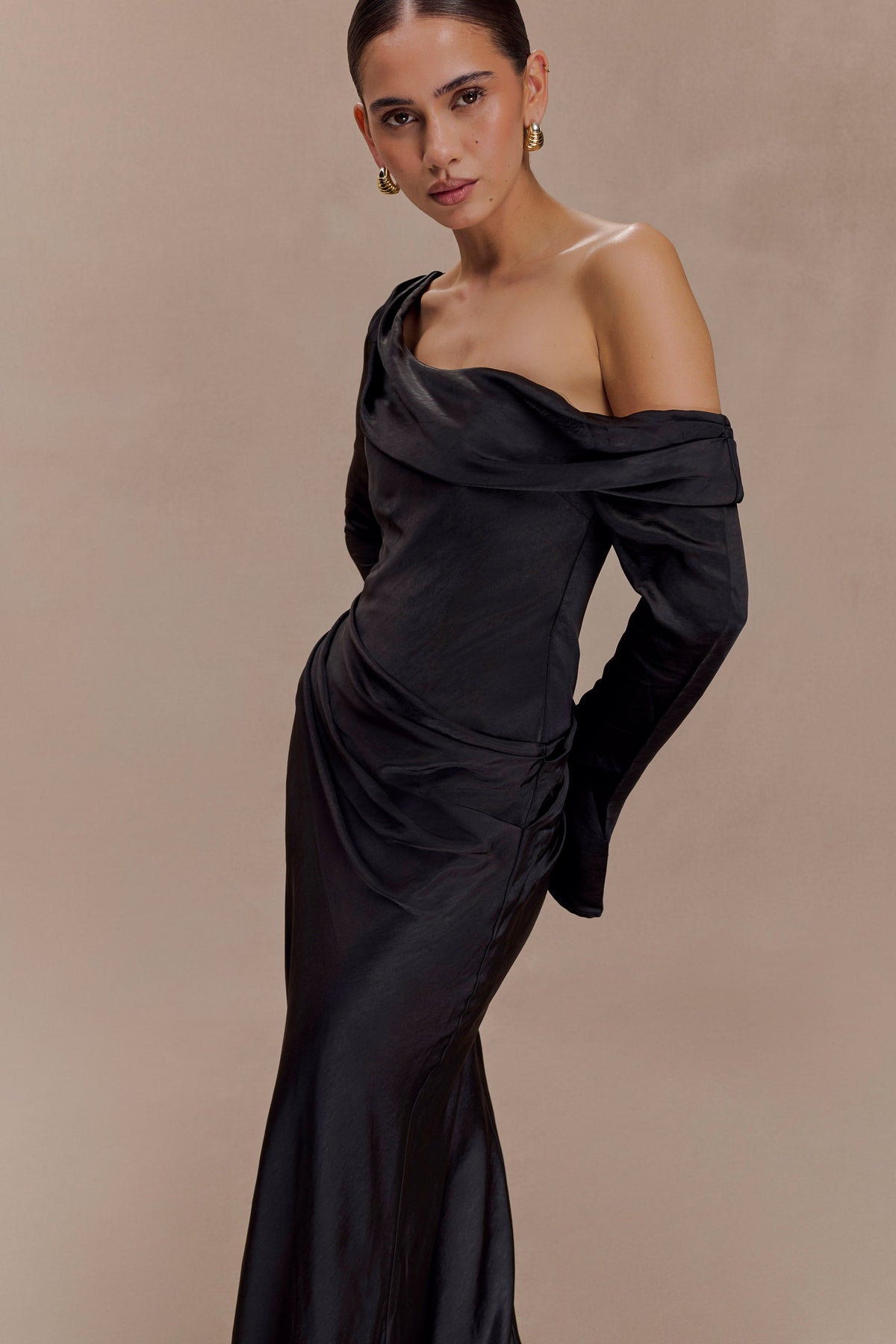 Long Sleeve Satin Maxi Dress - Black
