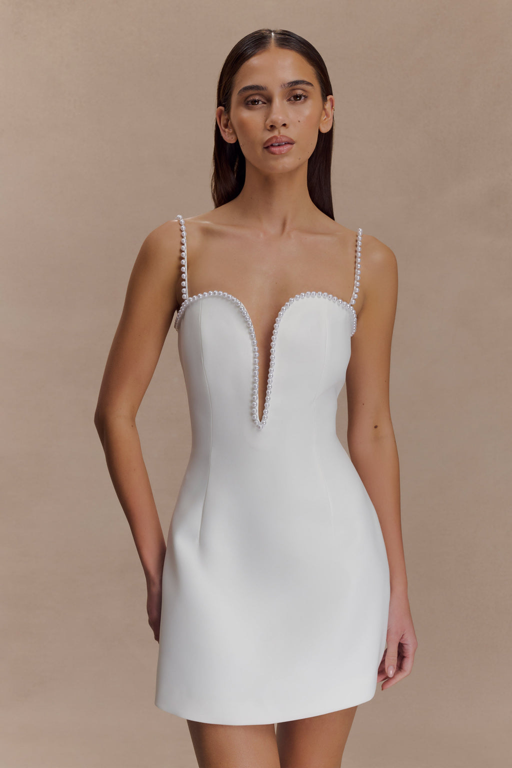 Beaded Neckline Mini Dress - Ivory