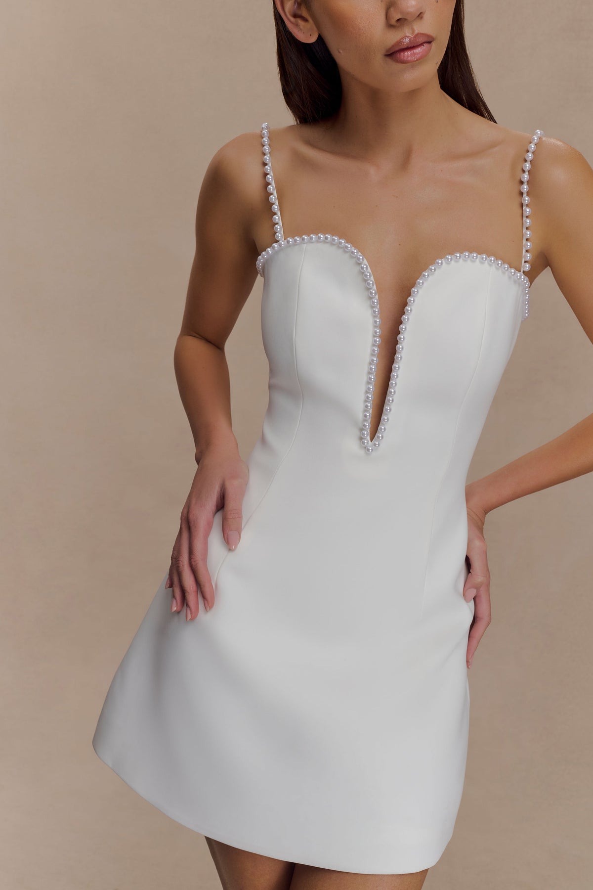 Beaded Neckline Mini Dress - Ivory