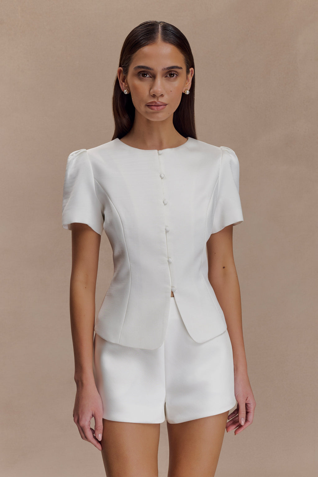 Short Sleeve Satin Top - White