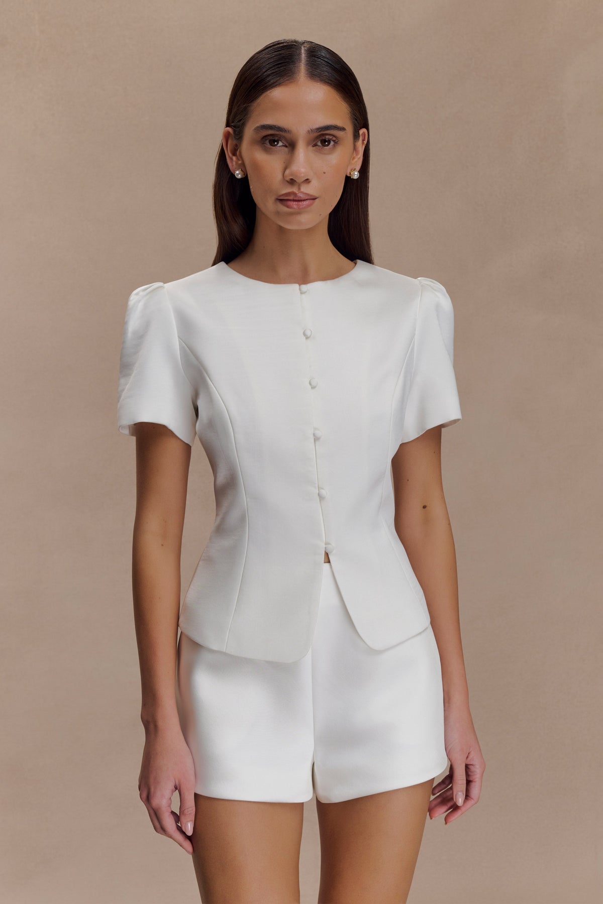 Short Sleeve Satin Top - White