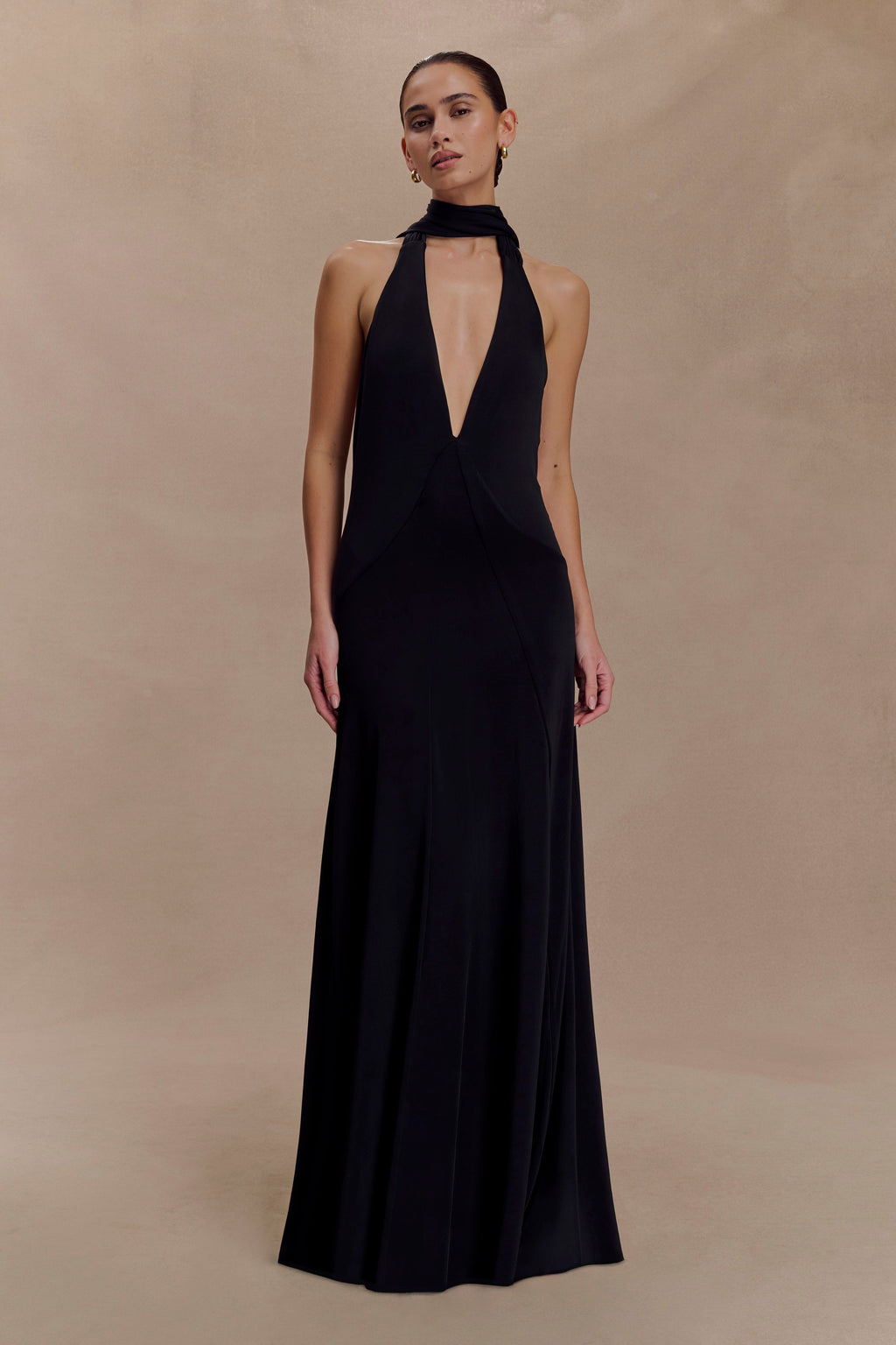 Slinky Maxi Dress With Scarf - Black