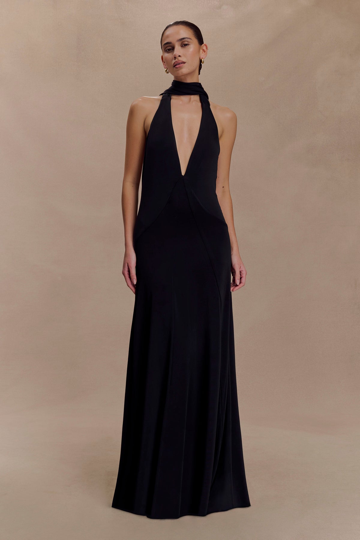 Slinky Maxi Dress With Scarf - Black