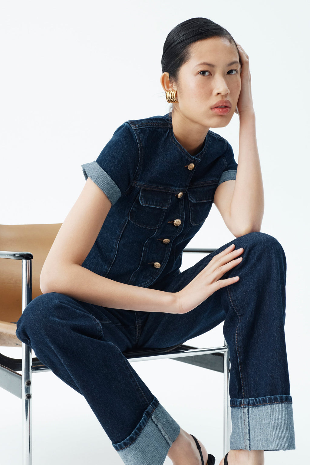 Fitted Denim Short Sleeve Top - Indigo Blue