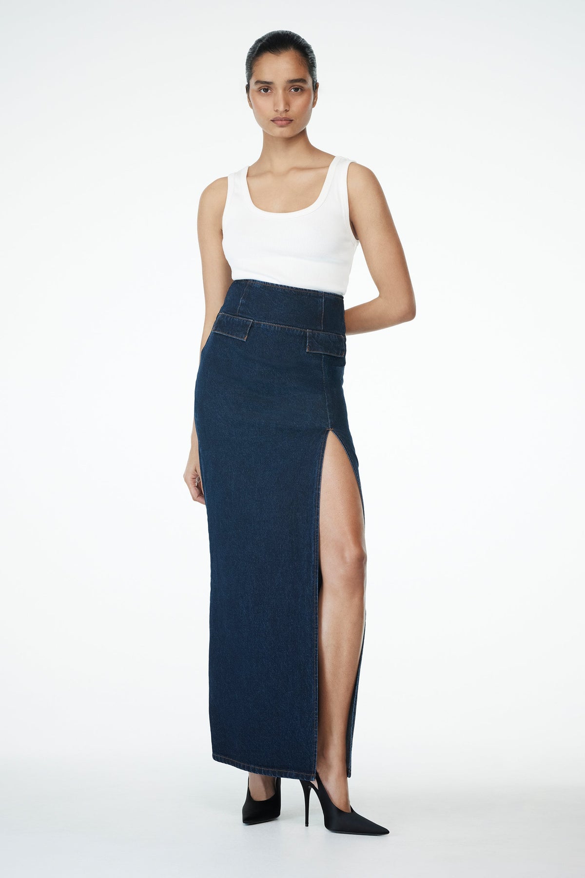 High Rise Denim Maxi Skirt - Indigo Blue