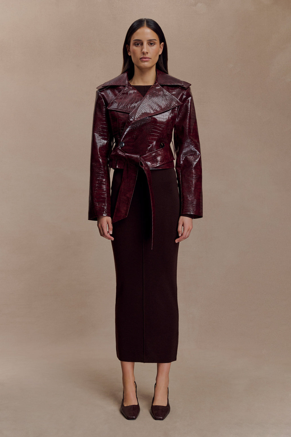Croc Faux Leather Cropped Jacket - Burgundy