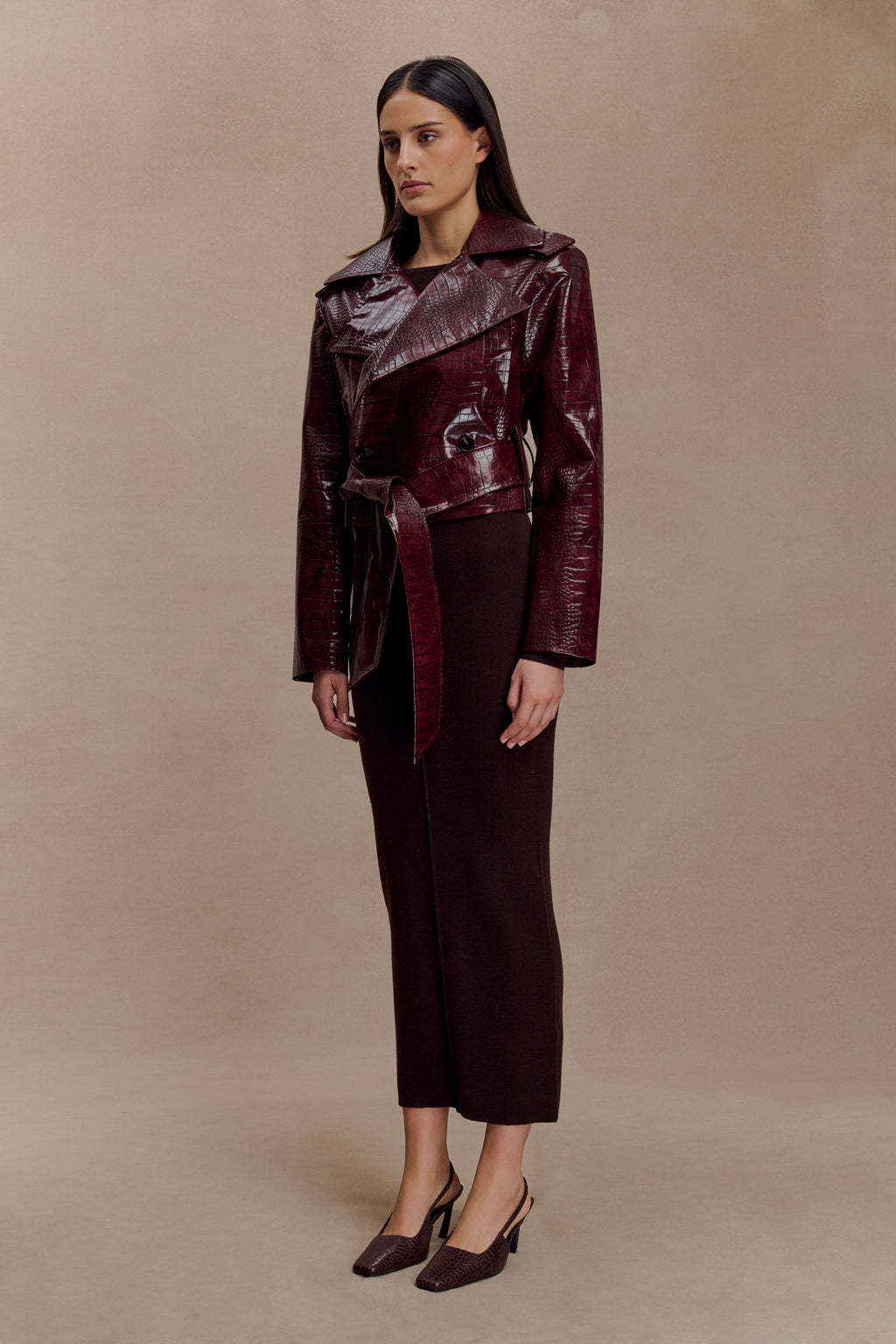Croc Faux Leather Cropped Jacket - Burgundy
