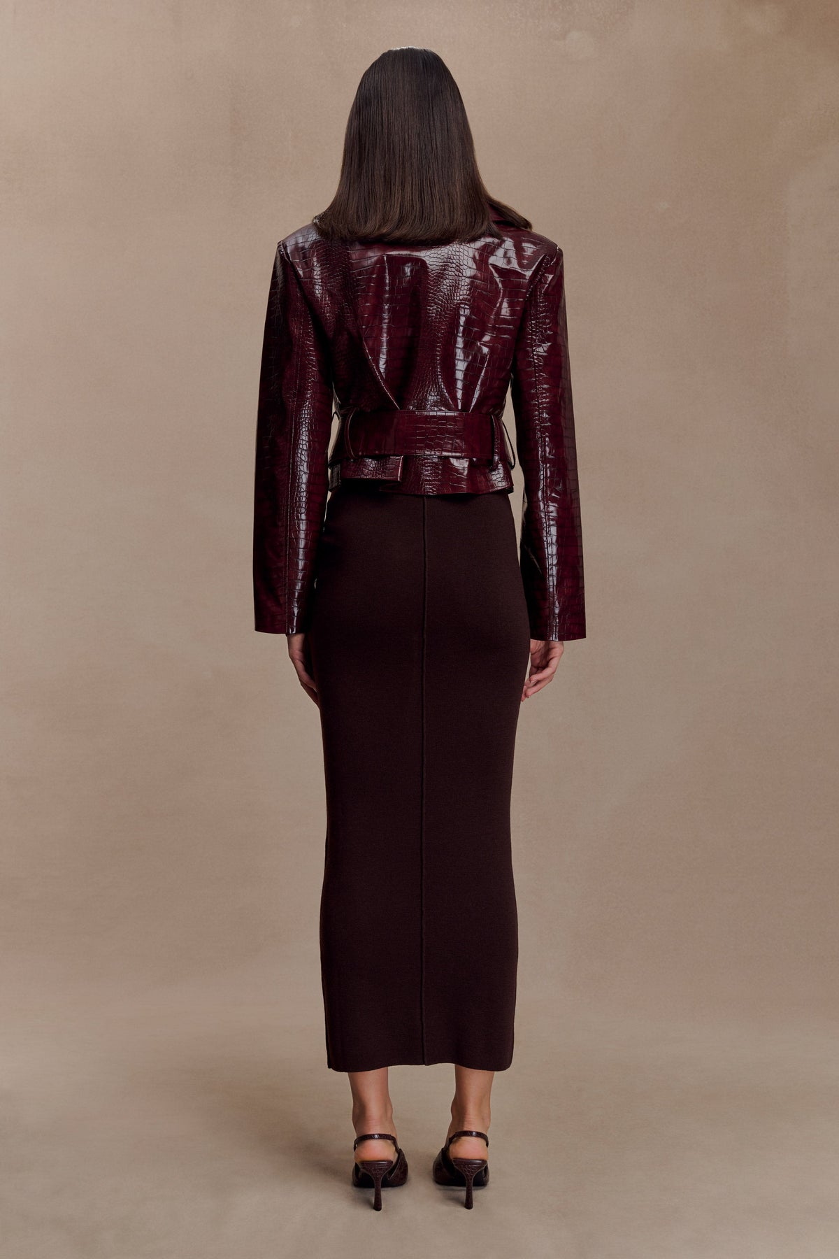 Croc Faux Leather Cropped Jacket - Burgundy
