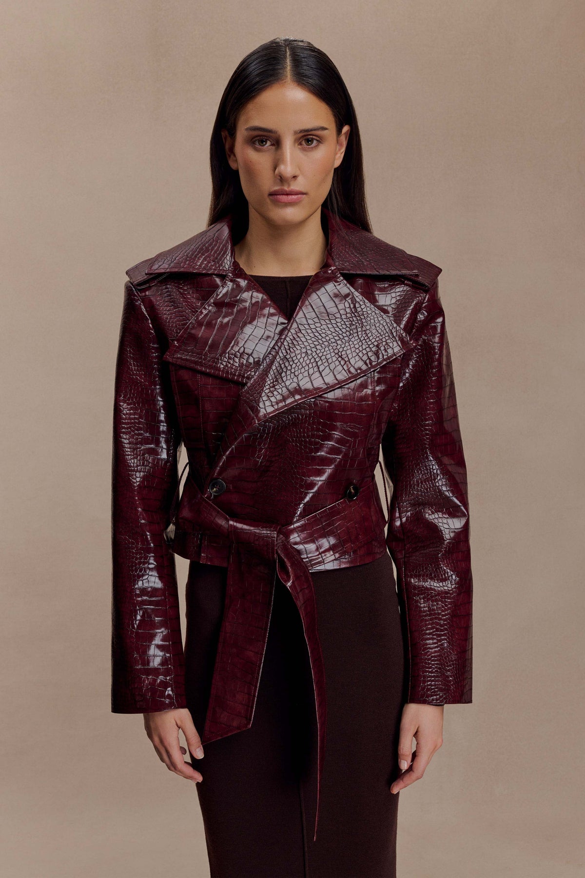 Croc Faux Leather Cropped Jacket - Burgundy