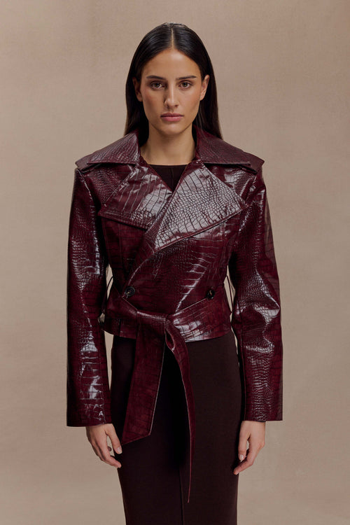 Croc Faux Leather Cropped Jacket - Burgundy