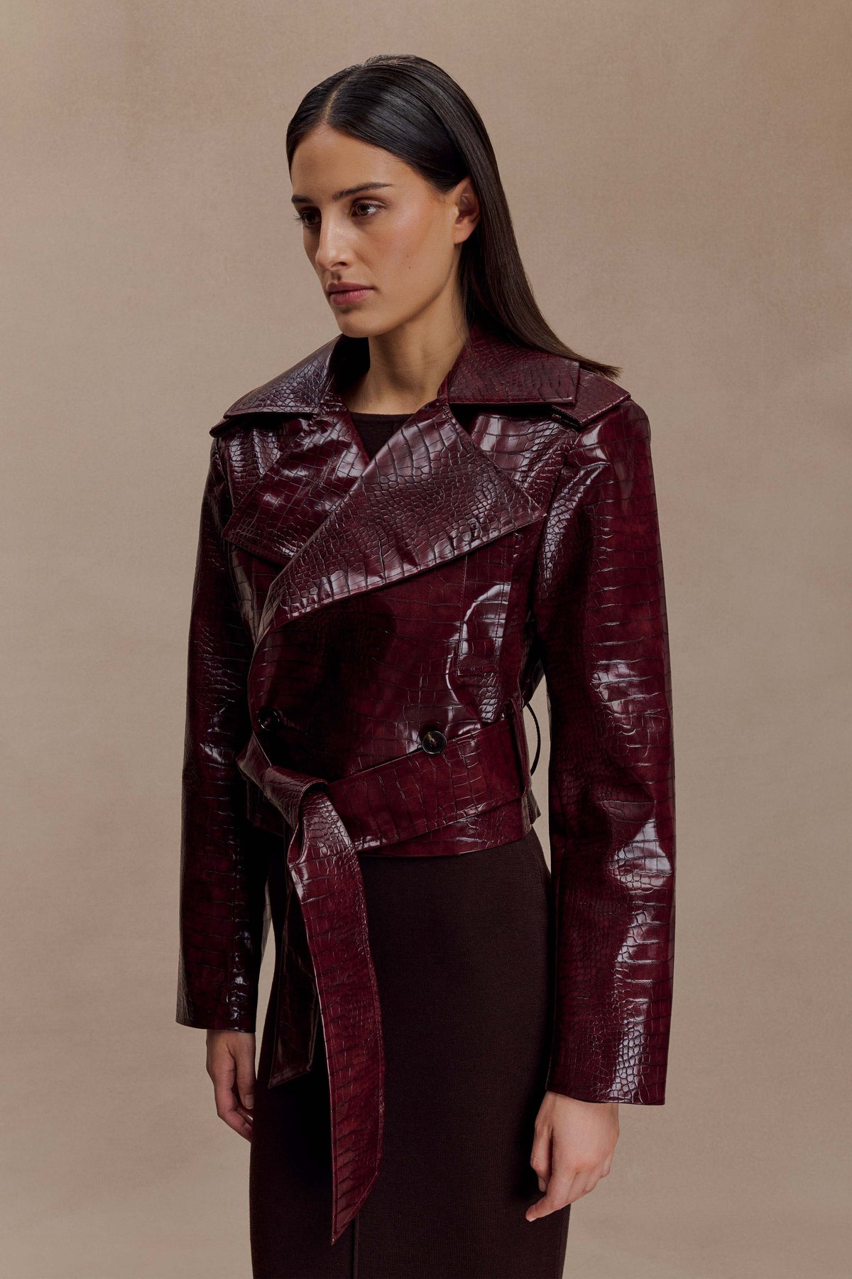Croc Faux Leather Cropped Jacket - Burgundy