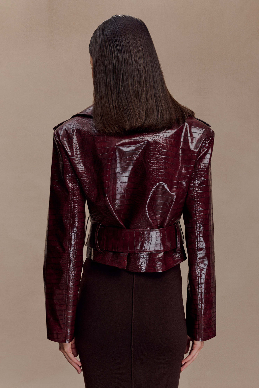 Croc Faux Leather Cropped Jacket - Burgundy