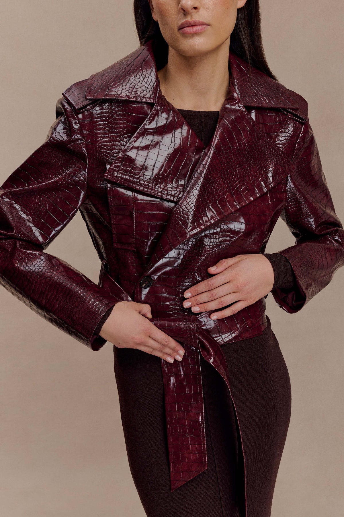 Croc Faux Leather Cropped Jacket - Burgundy