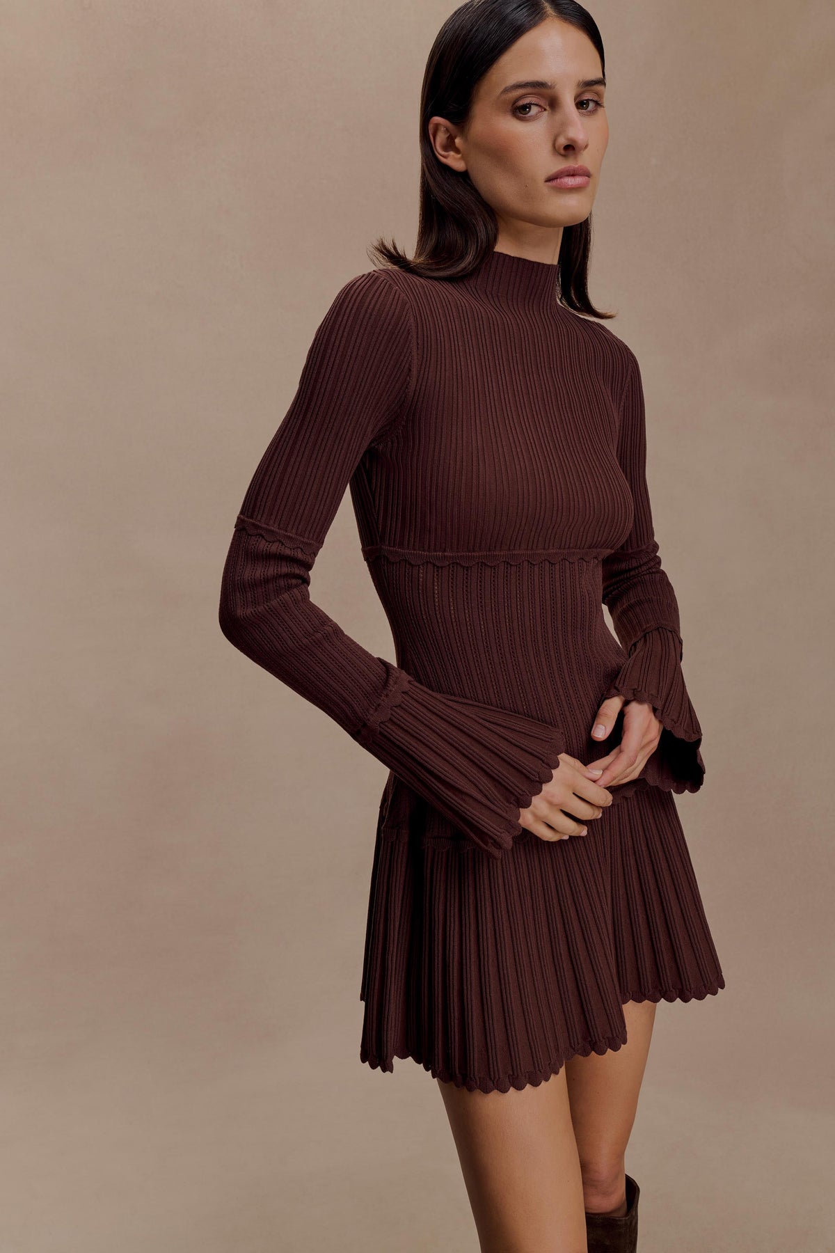 Pointelle Knit Mini Dress - Chocolate